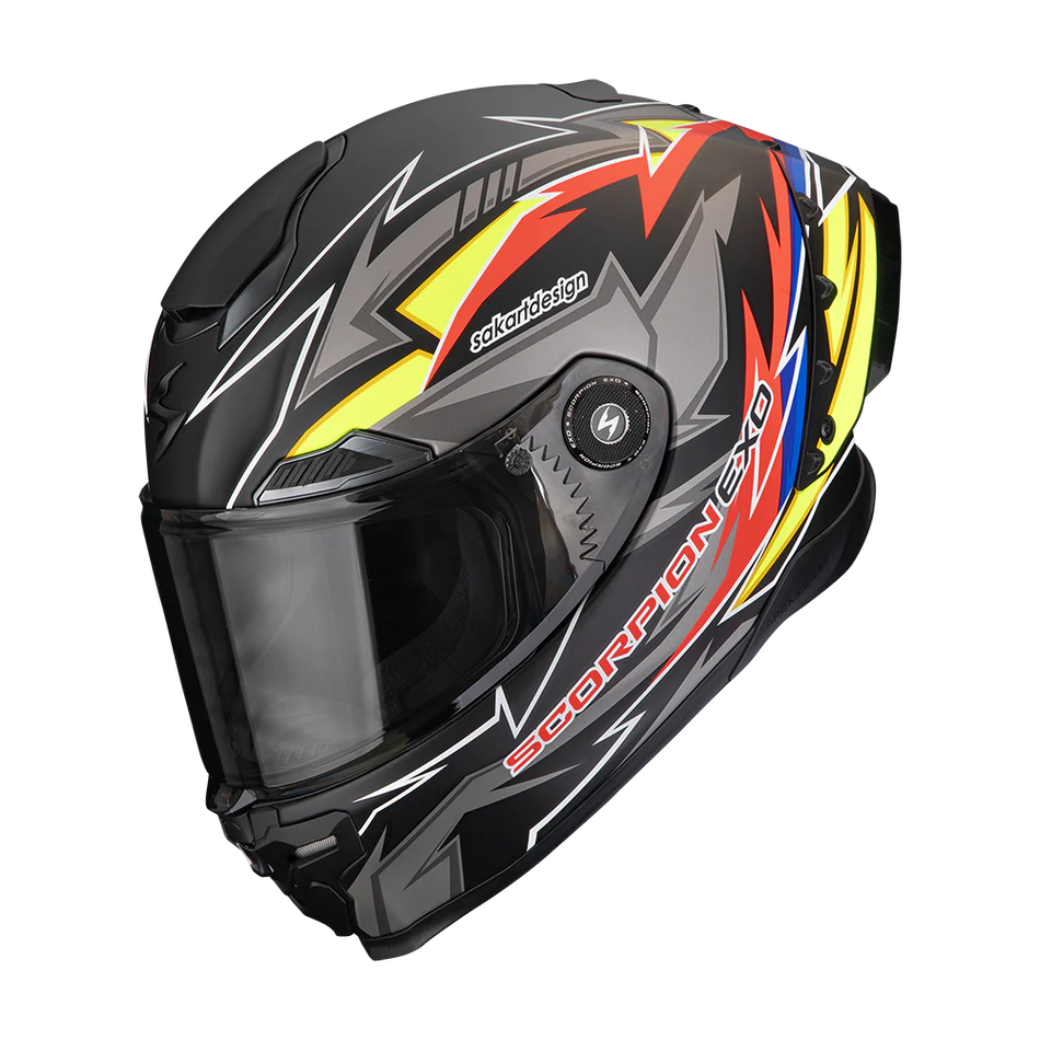 Casco Moto Integrale Pista SCORPION EXO RACE AIR MOVE ON Nero Rosso Giallo Opaco FIM 2
