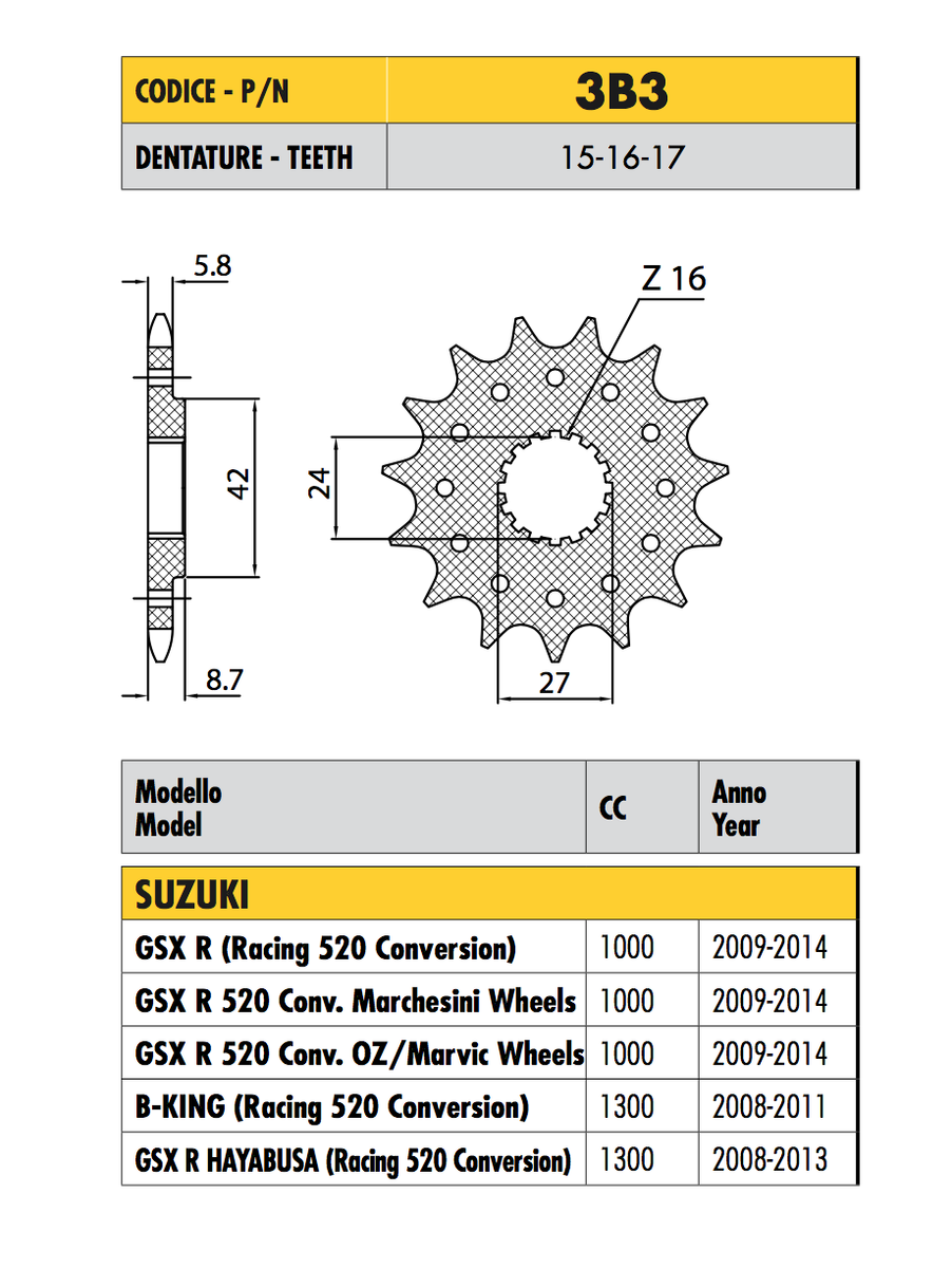 SUZUKI GSX R HAYABUSA (Racing 520 Conversion) 1300 2008>2015  PIGNONE PASSO 520 CODICE 3B3