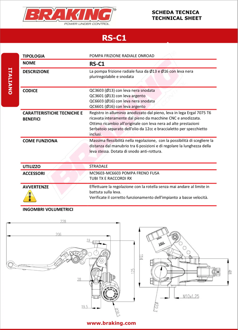 Pompa frizione Radiale BRAKING RS-C1 Ø16X19 kit di Montaggio Universale