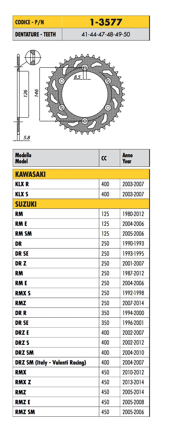SUZUKI RMX S 250 1992>1998 CORONA PASSO 520 CODICE 1-3577