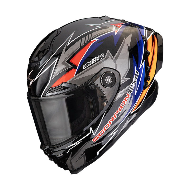 Casco Moto Integrale Pista SCORPION EXO RACE AIR MOVE ON Nero Rosso Giallo Opaco FIM 2